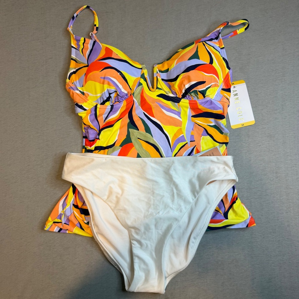 NEW Anne Cole Tankini Top Shade & Shore Bikini Bottom Set Multicolor White Med